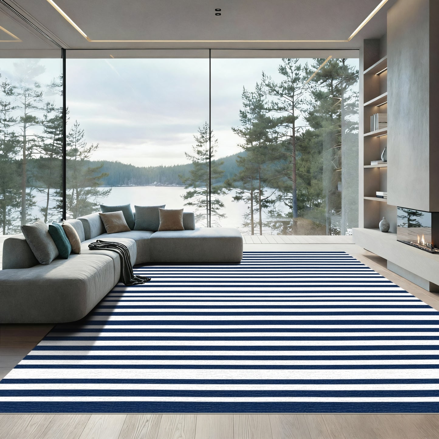 Classic Navy White Striped Rug