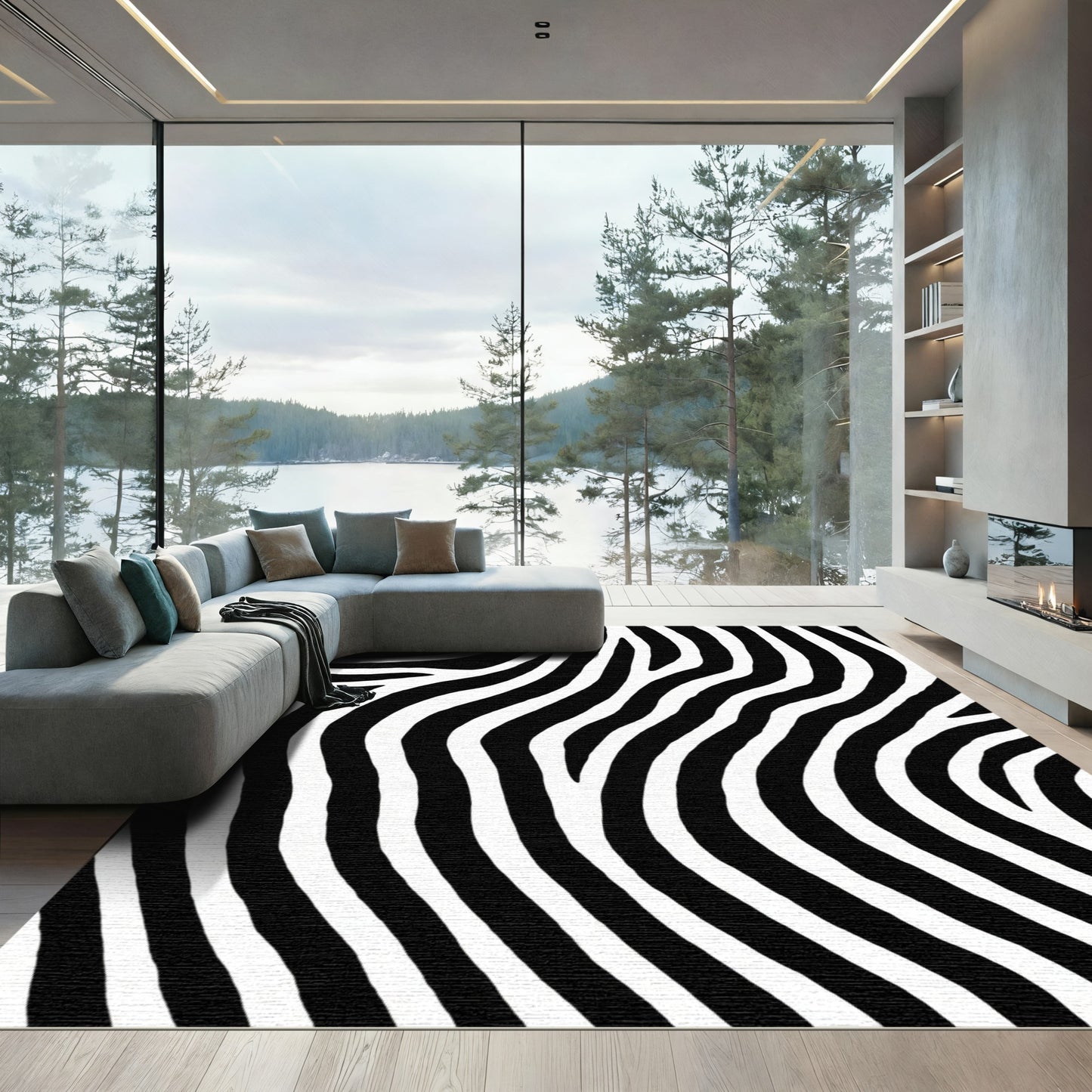 Contrast Black White Wavy Lines Rug