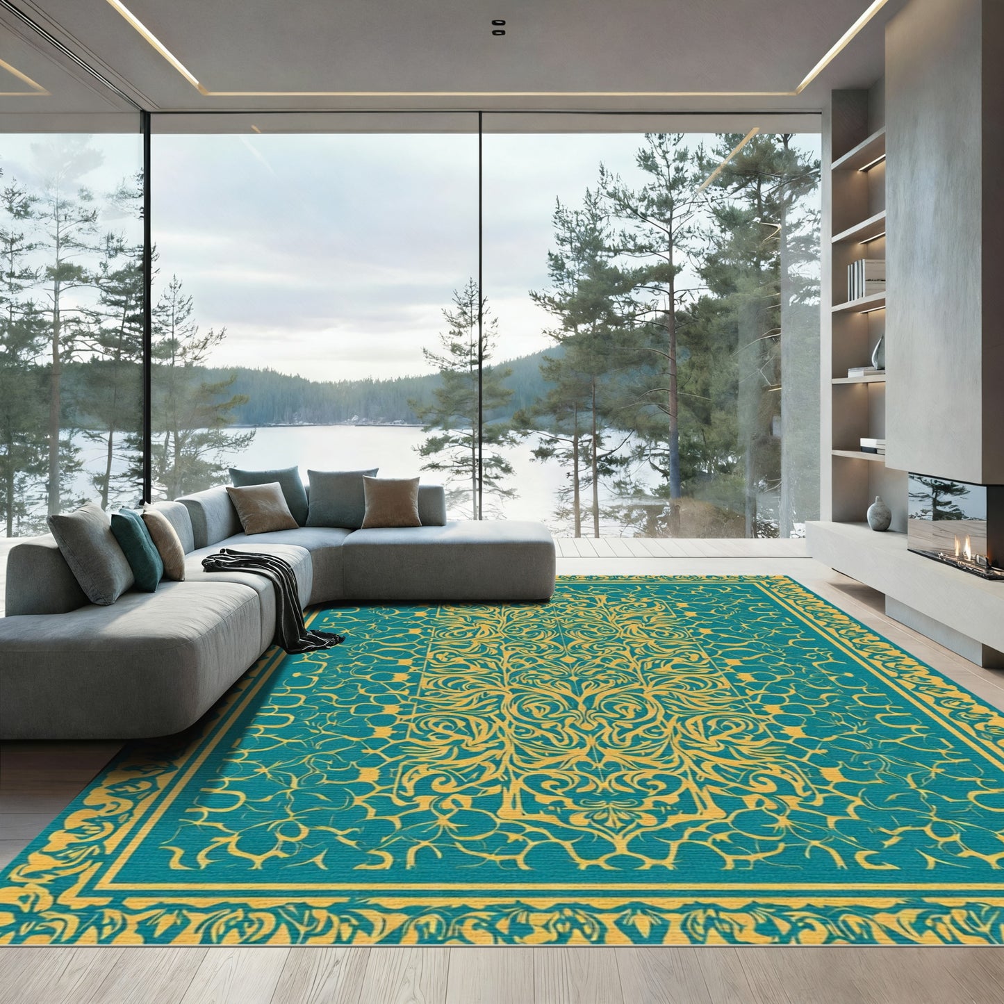 Golden Teal Floral Scrollwork Rug