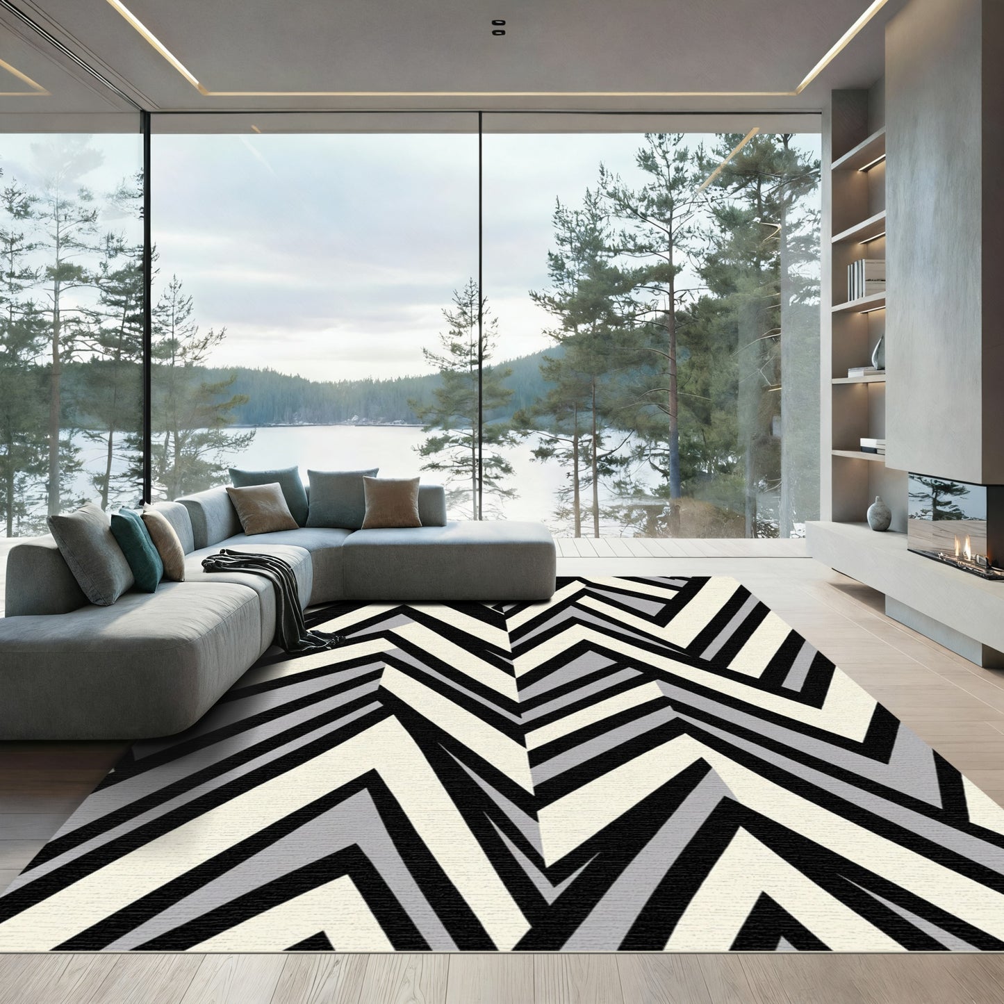 Monochrome Chevron Block Inlay Rug