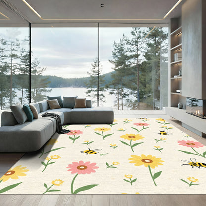 Yellow Pink Floral Bees Meadow Rug