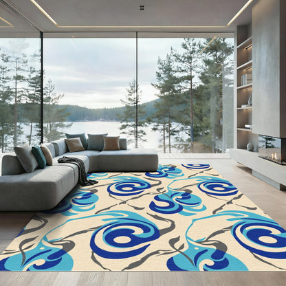 Abstract Blue Swirls Gray Branches Rug