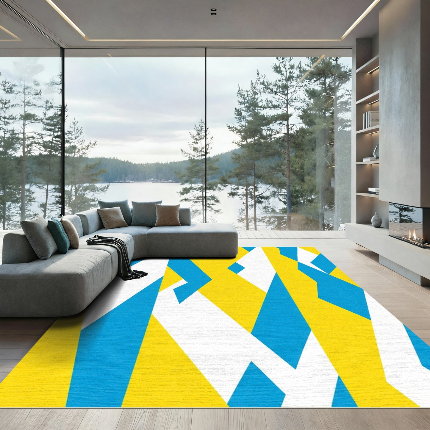 Bright Yellow Blue Geometric Deconstruction Rug