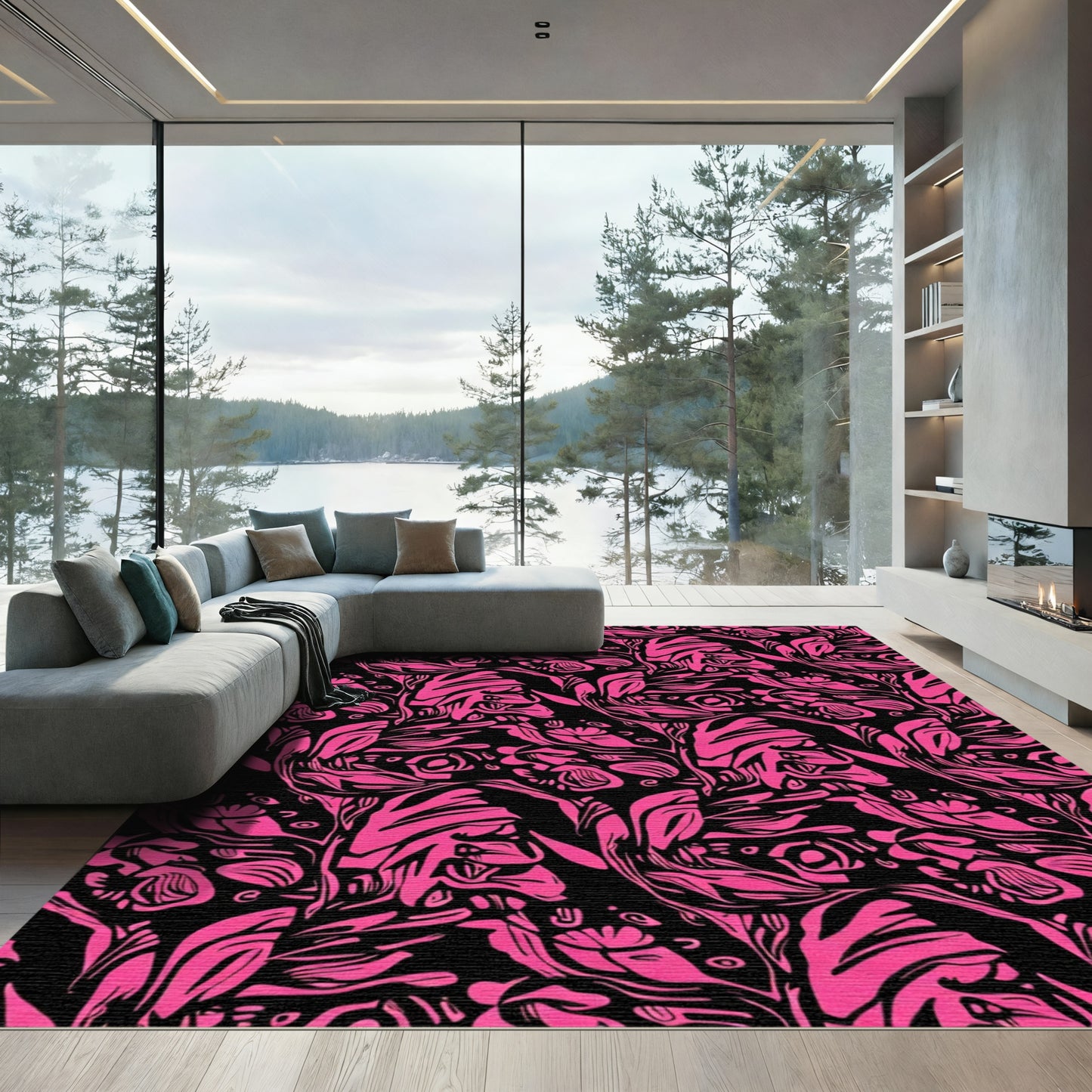 Hot Pink Floral Abstract Swirl Rug