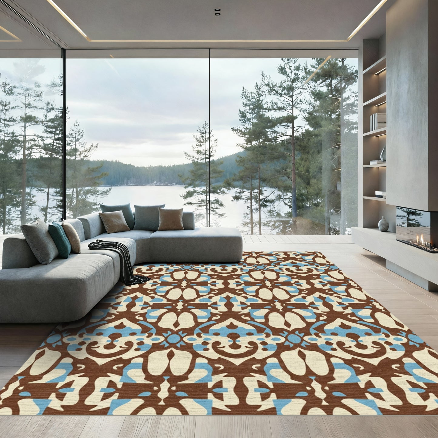 Brown Blue Cream Abstract Symmetry Rug