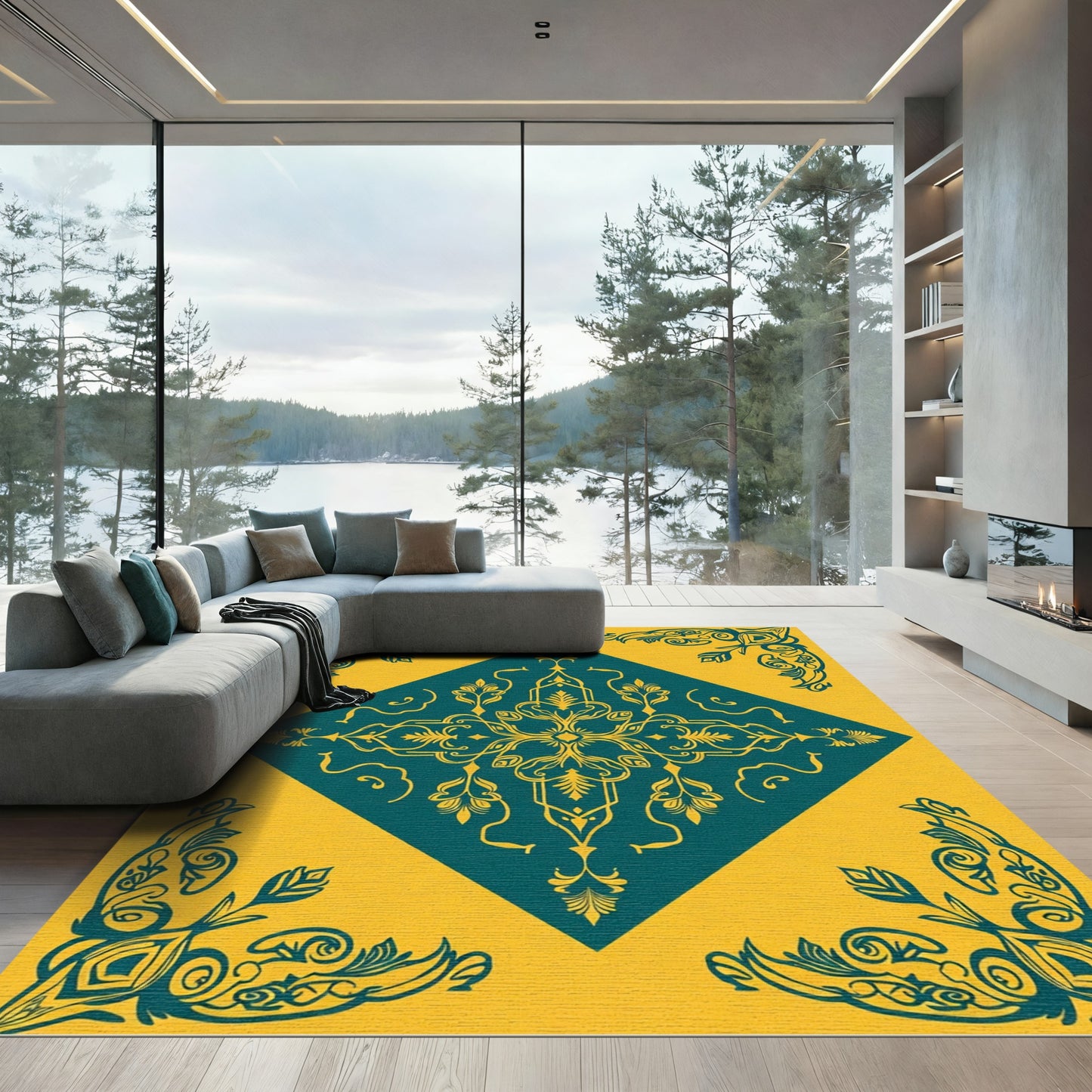 Teal Yellow Ornamental Center Medallion Rug