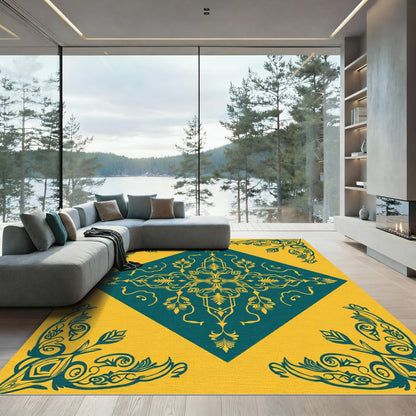 Teal Yellow Ornamental Center Medallion Rug