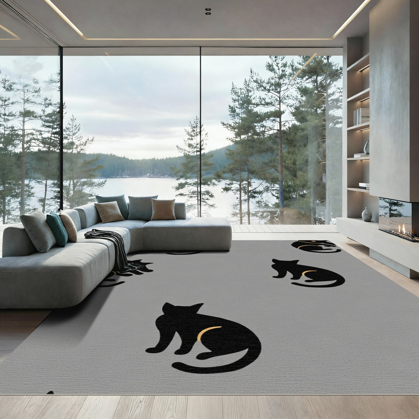 Black Cat Silhouette Golden Accents Rug