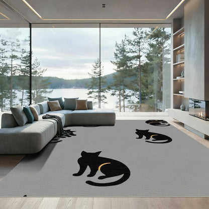 Black Cat Silhouette Golden Accents Rug
