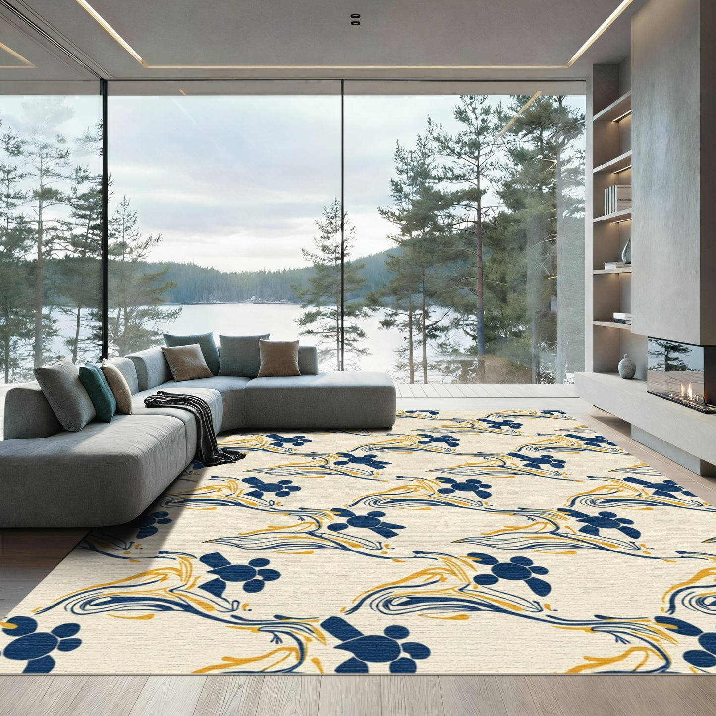 Navy Gold Abstract Floral Swirl Rug