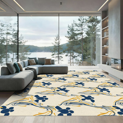 Navy Gold Abstract Floral Swirl Rug