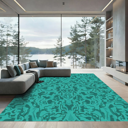 Teal Abstract Swirling Damask Rug