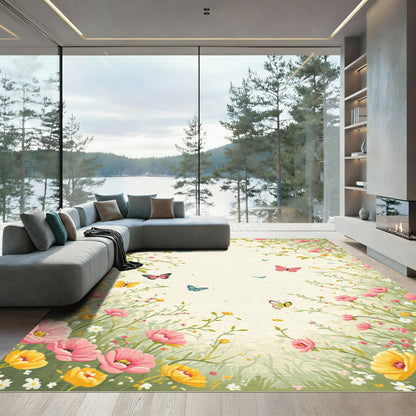 Whimsical Pink Yellow Floral Butterfly Garden Rug