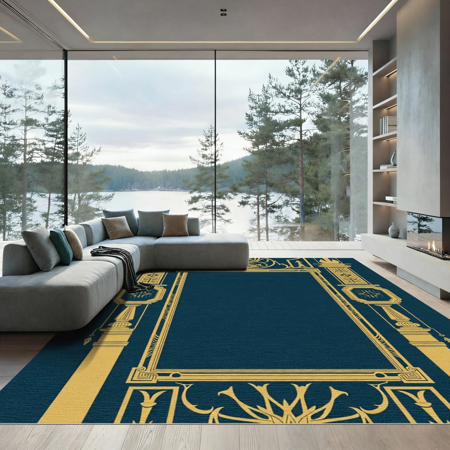 Gold Art Deco Frame Navy Rug