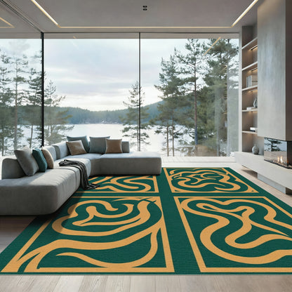 Emerald Golden Abstract Organic Squares Rug