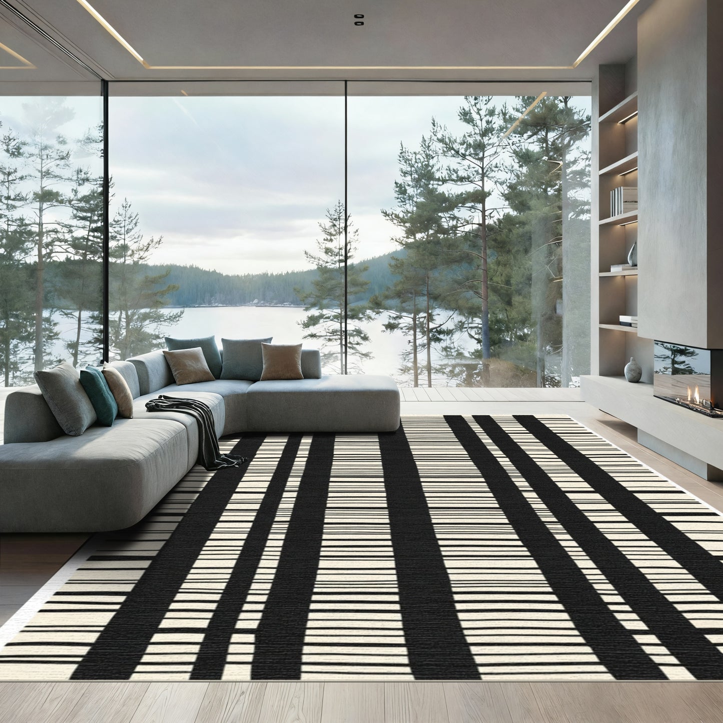 Black Cream Vertical Stripe Abstract Rug