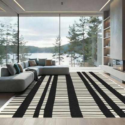 Black Cream Vertical Stripe Abstract Rug