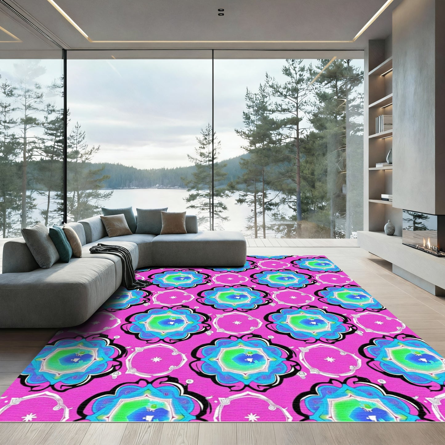 Vibrant Pink And Blue Medallion Rug