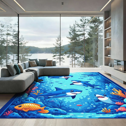 Charming Blue Sharks Underwater Collage Rug