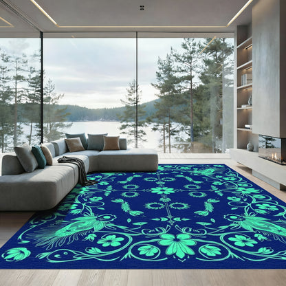 Teal Floral Birds Mandala Rug