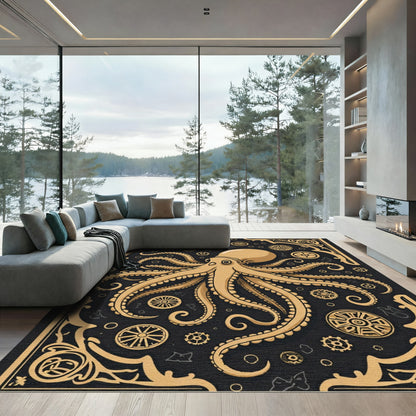 Golden Octopus Steampunk Gears Rug