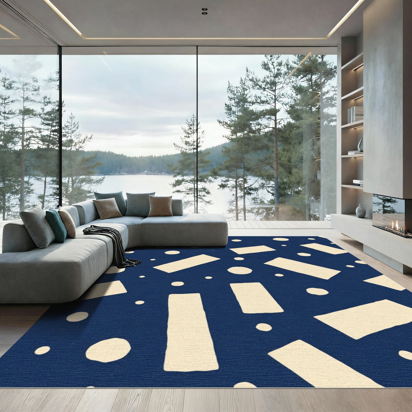 Cream Rectangles Scattered Dots Navy Rug