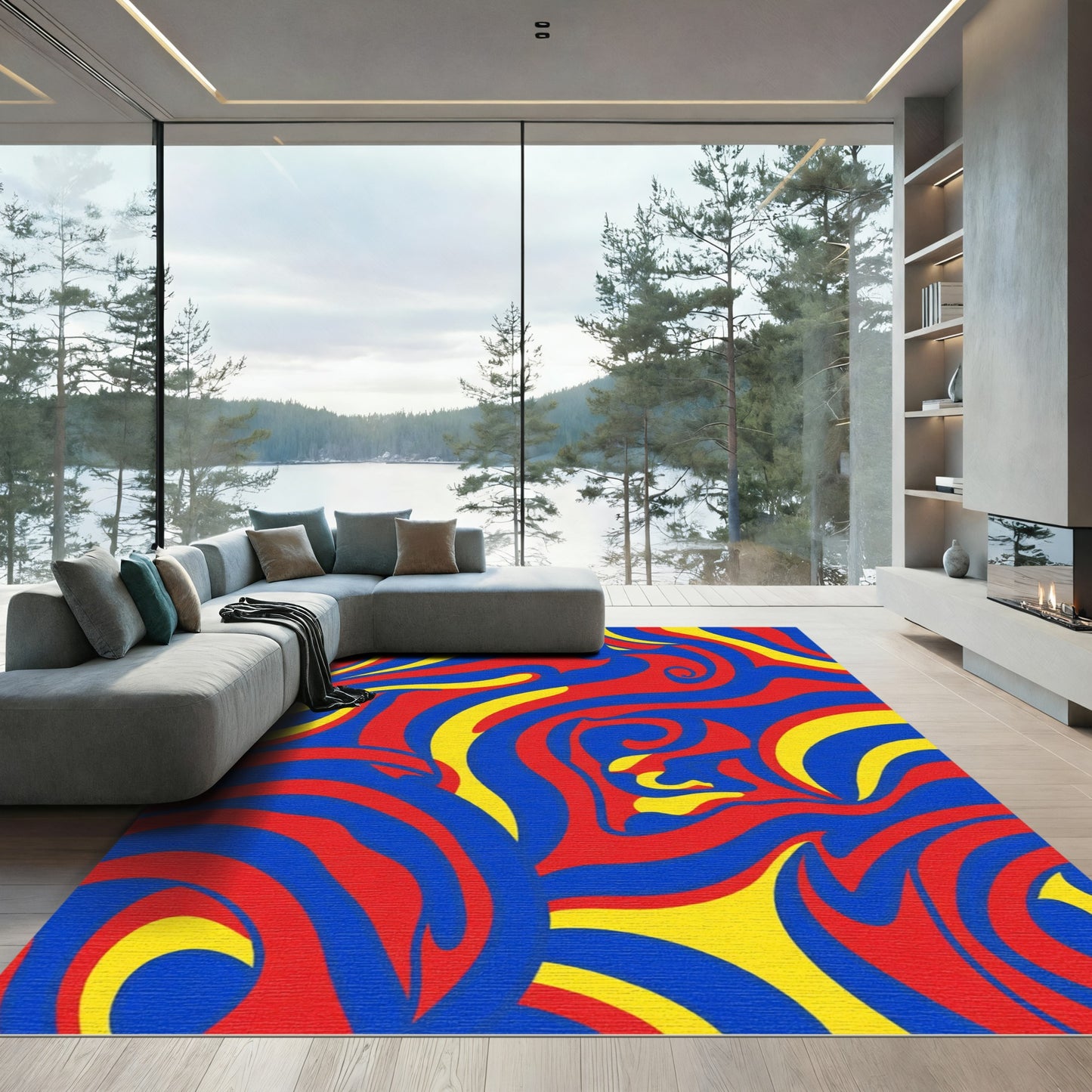 Vibrant Red Blue Yellow Swirl Rug