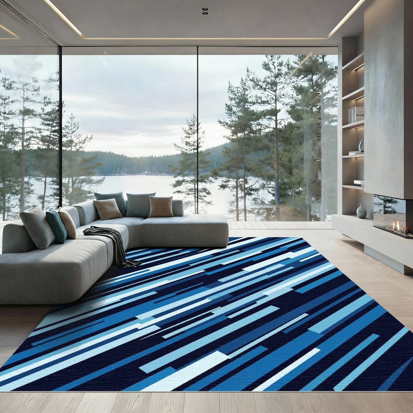 Diagonal Abstract Blue Stripe Rug