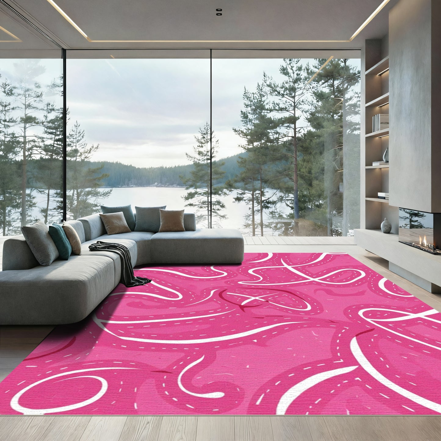 Pink Curved Swirl Abstract Lines Rug