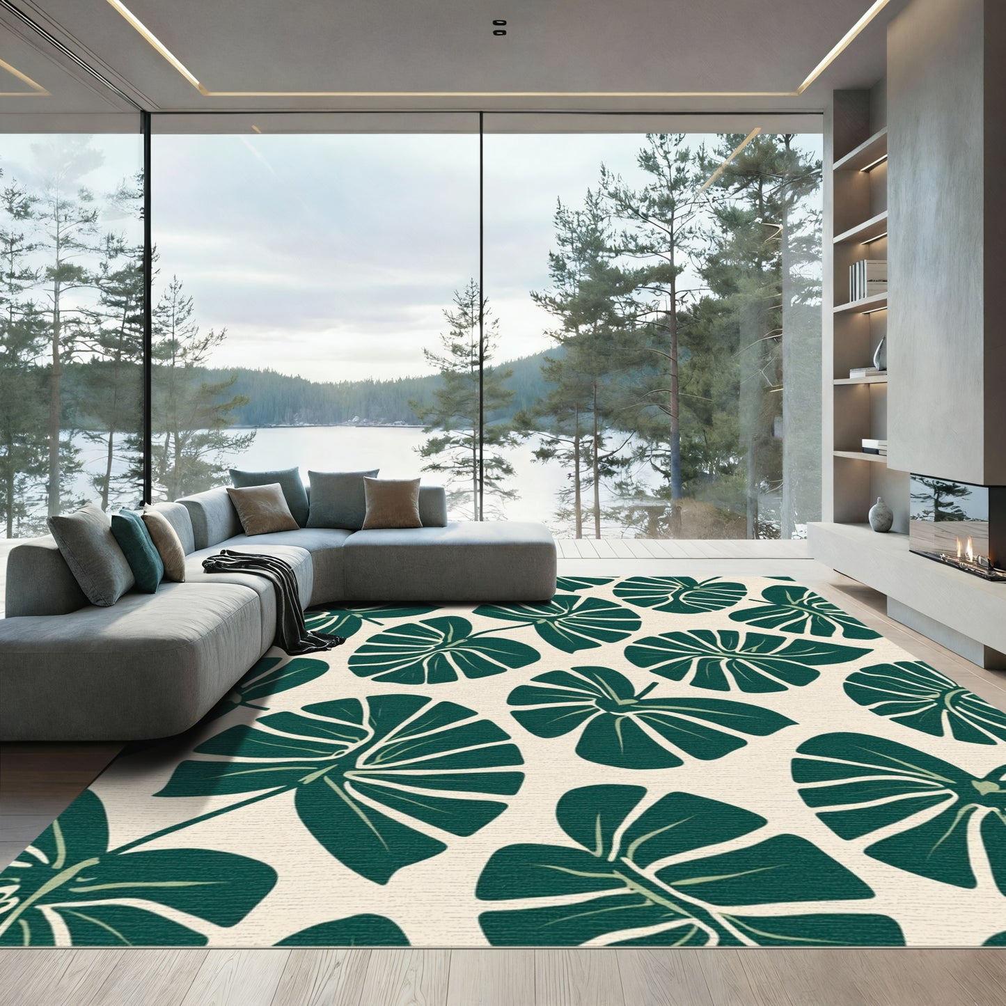 Dark Green Large Leaf Tropical Rug