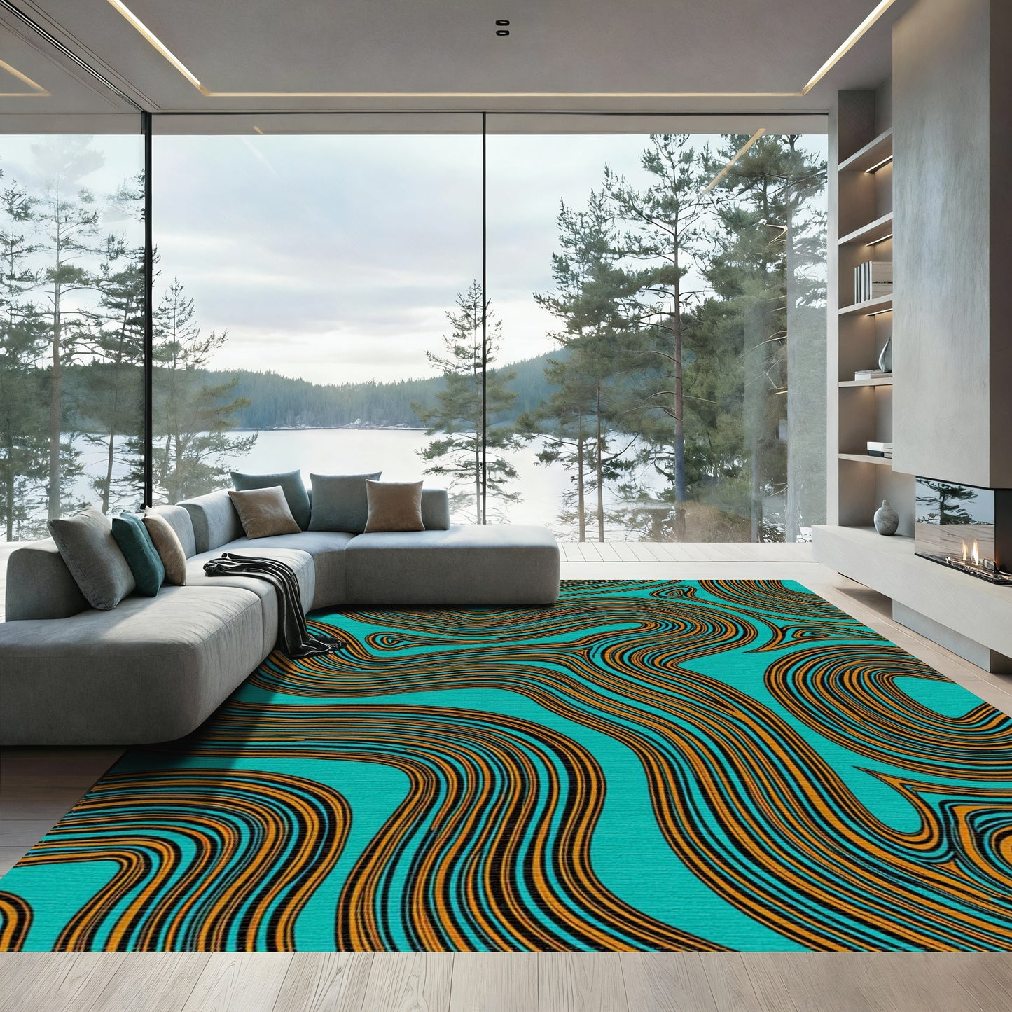Teal Orange Wavy Curves Rug