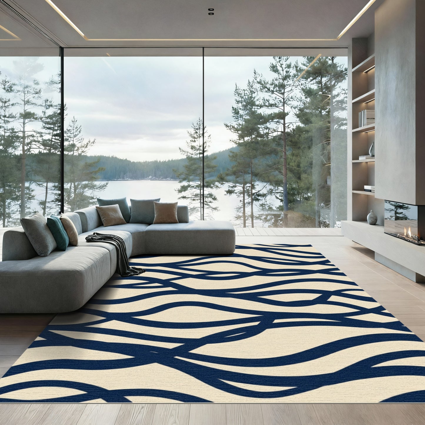 Navy Blue Intertwined Abstract Lines Rug