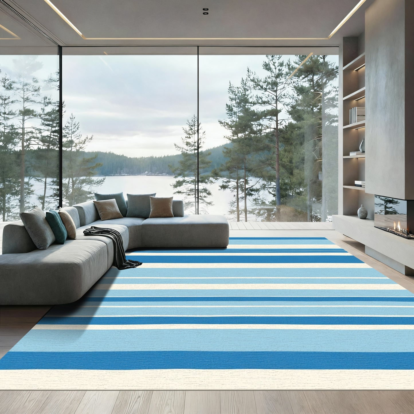 Ocean Blue Cream Horizon Stripes Rug