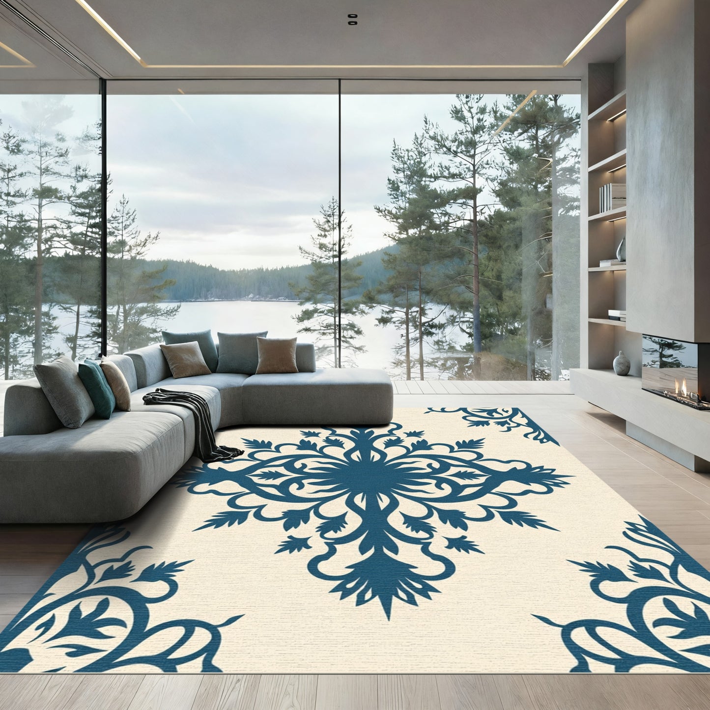 Deep Teal Floral Scroll Medallion Rug