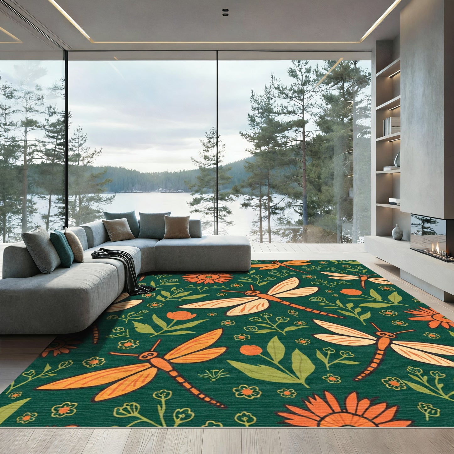 Orange Dragonfly Floral Meadow Rug