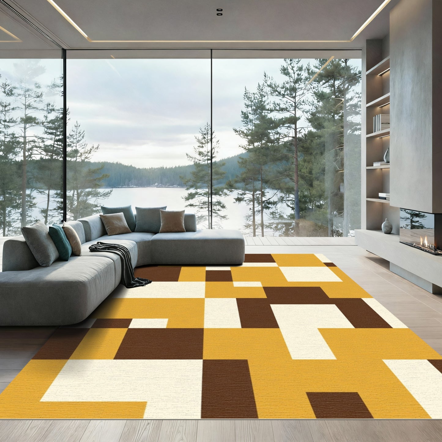 Modern Geometric Ochre Brown Rug