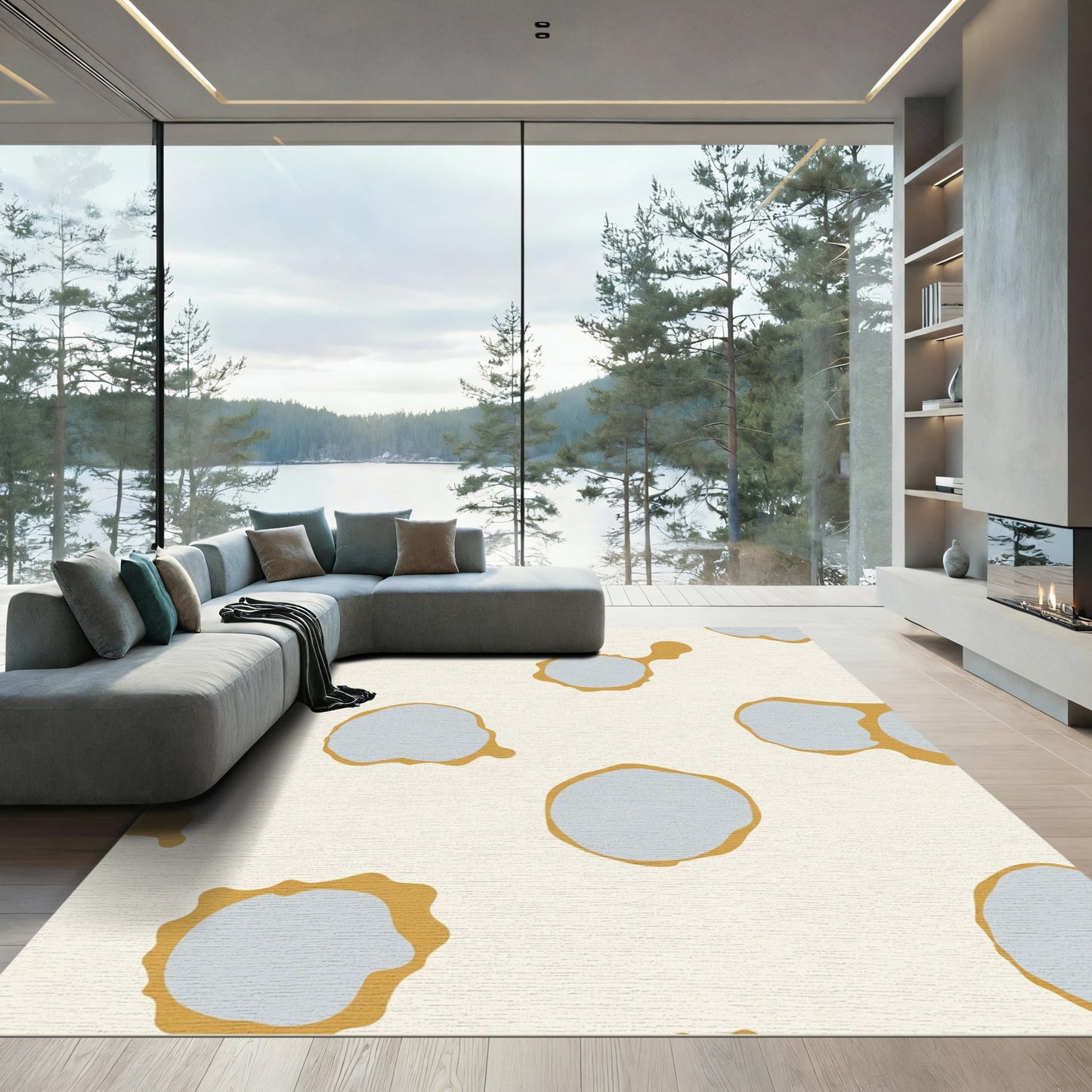 Abstract Mustard Blue Cloud Shapes Rug