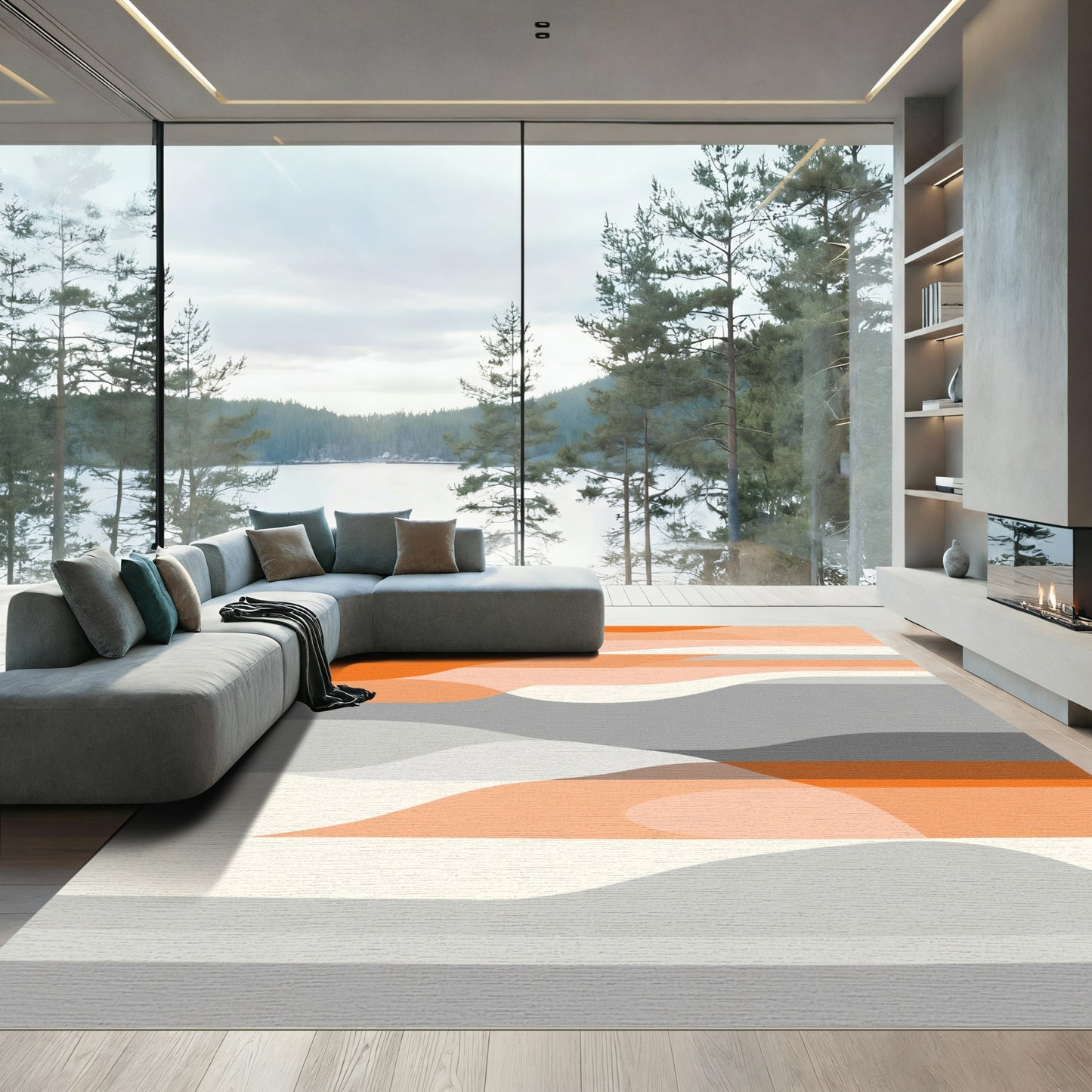Coral Gray Abstract Wave Layers Rug