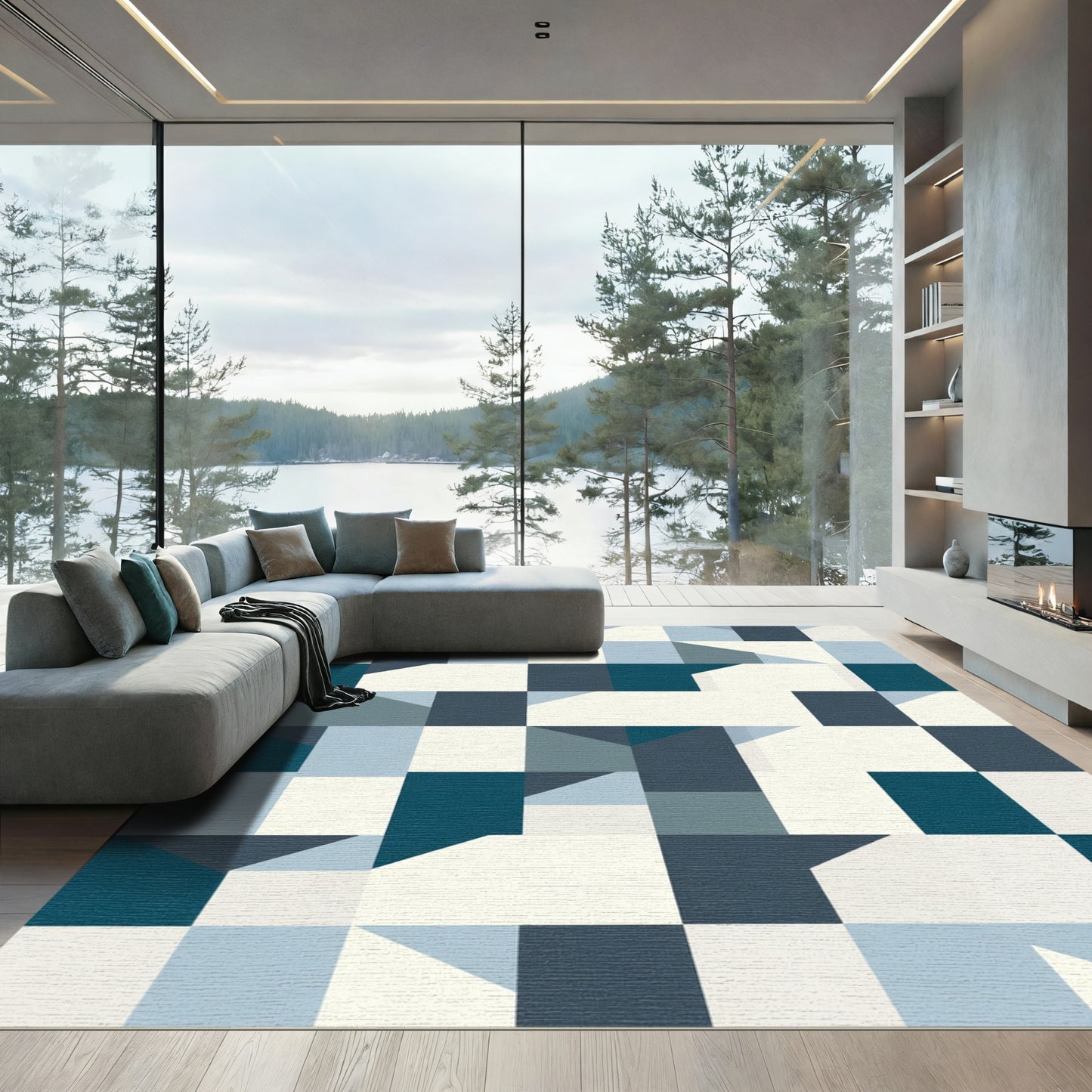 Deep Blue Geometric Cubes Rug