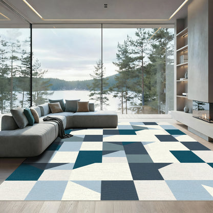 Deep Blue Geometric Cubes Rug