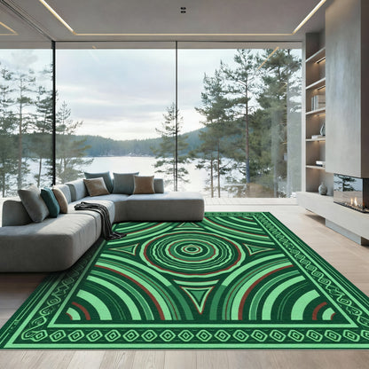 Deep Emerald Concentric Circles Triangles Rug