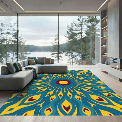 Radiant Teal Yellow Feathered Sun Rug