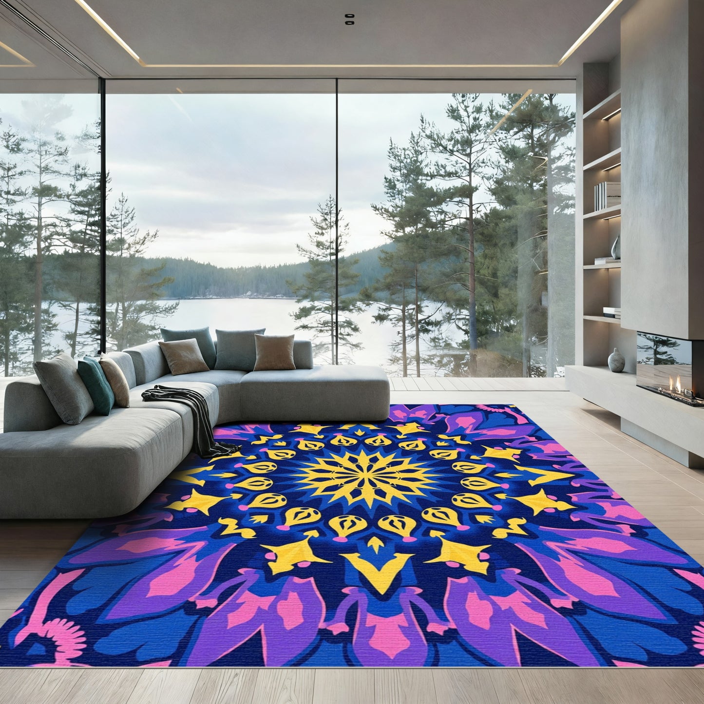 Radiant Blue Yellow Mandala Bloom Rug