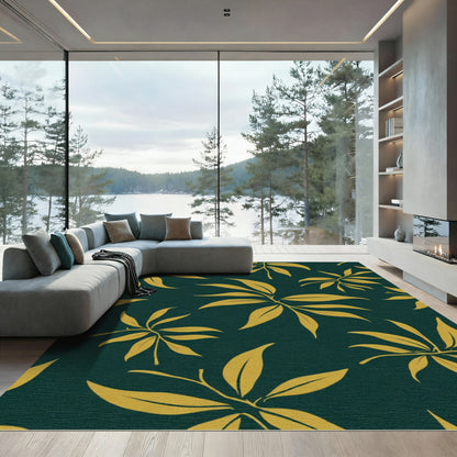Golden Leafy Sprigs Dark Green Rug