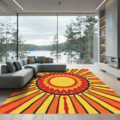 Radiant Yellow Red Sunburst Rays Rug