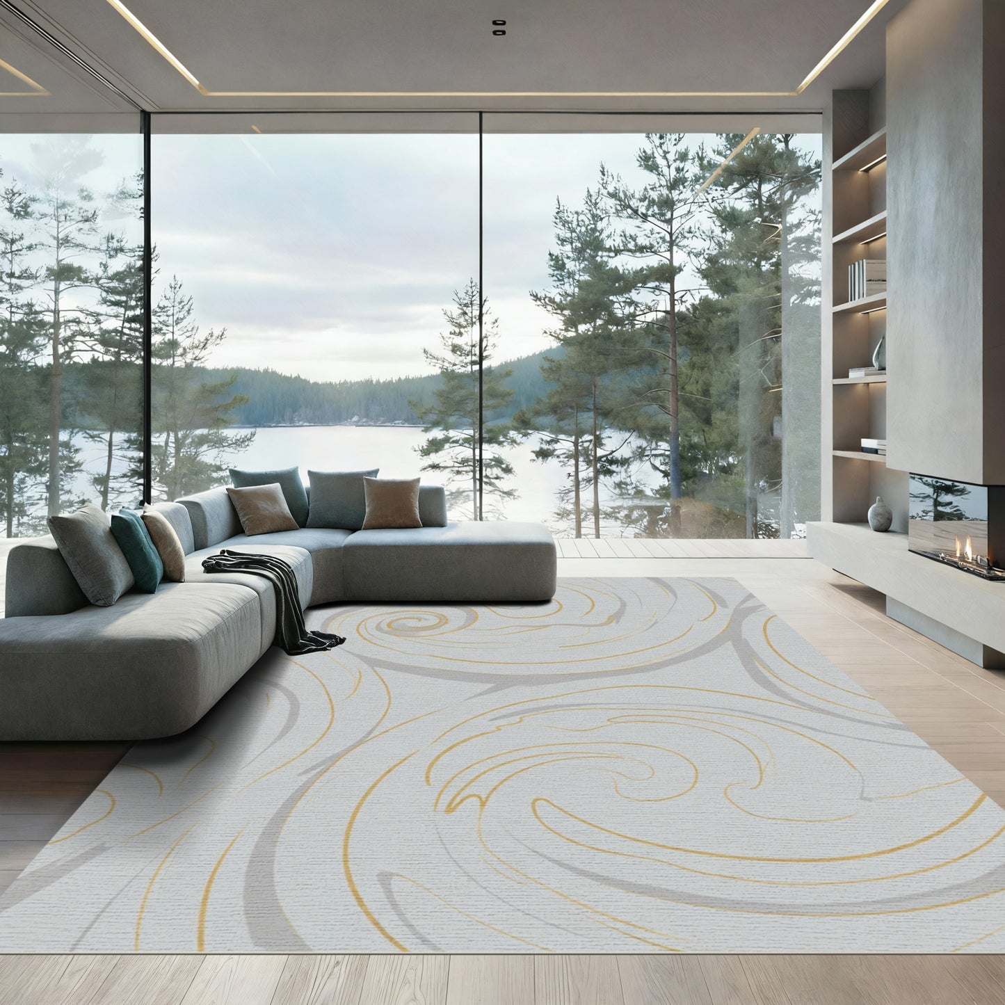Soft Gray Swirls with Golden Lines Rug