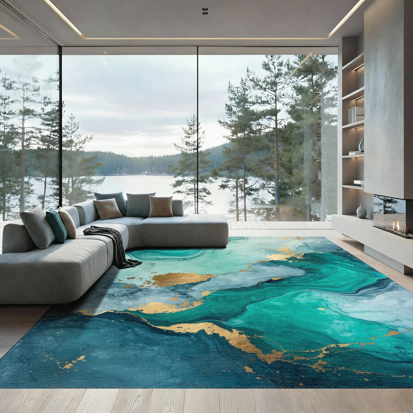 Emerald Teal Gold Fluid Marble Rug