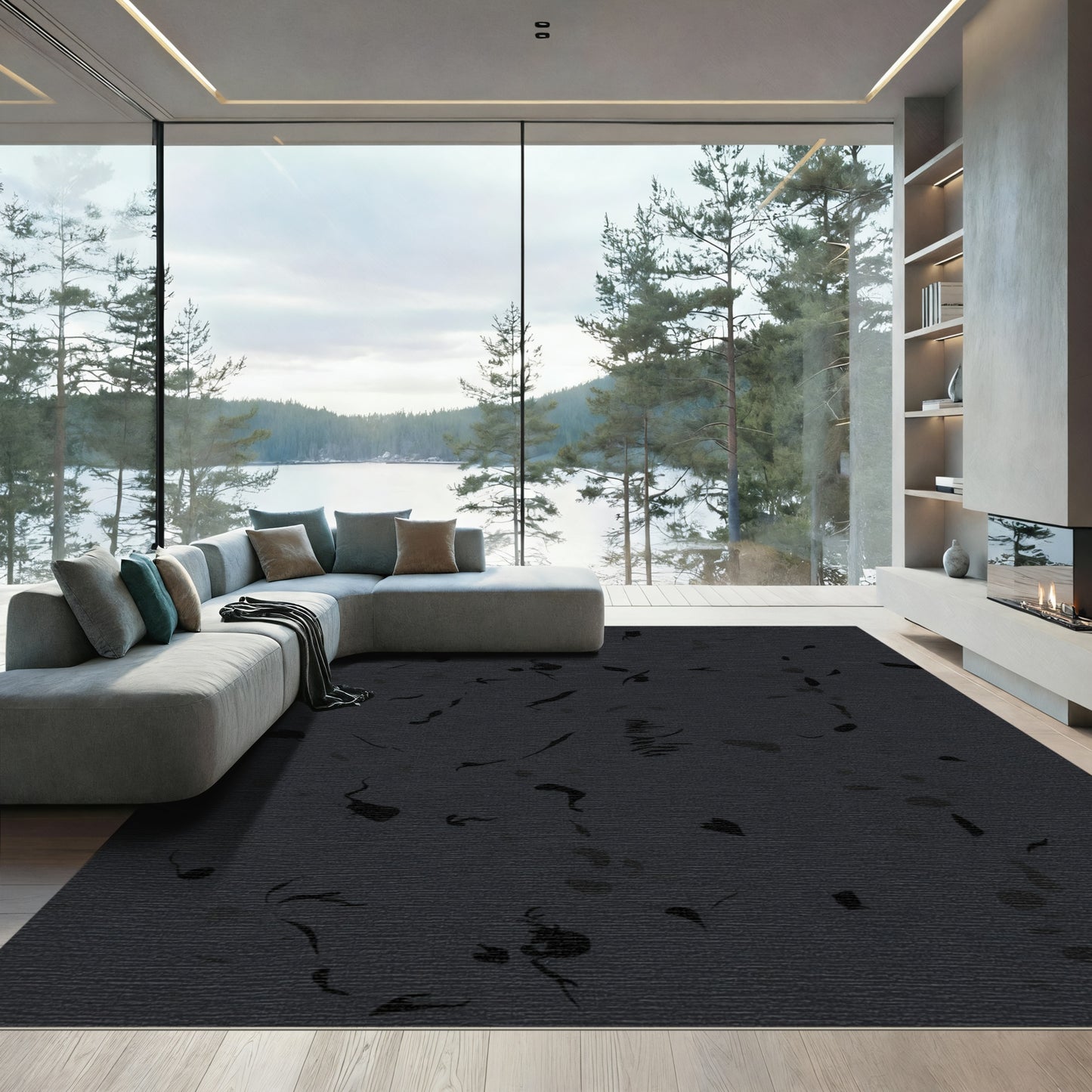 Dark Monochrome Scattered Bloom Rug