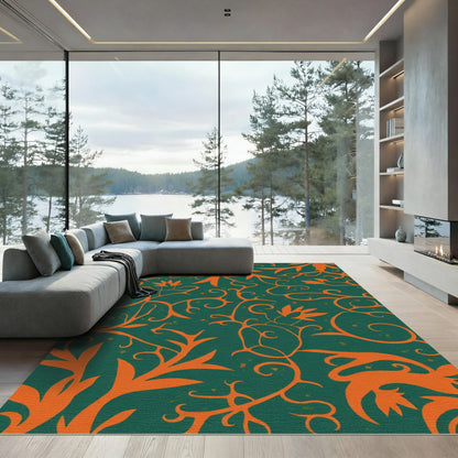Teal Orange Vine Scroll Garden Rug