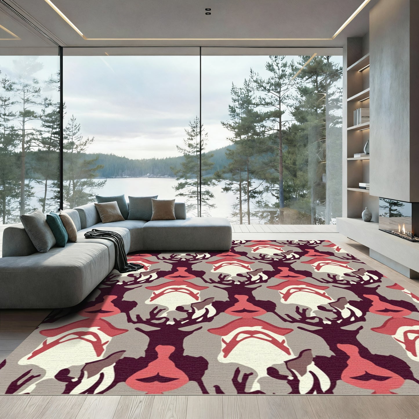 Crimson and Taupe Abstract Woodland Forms Rug